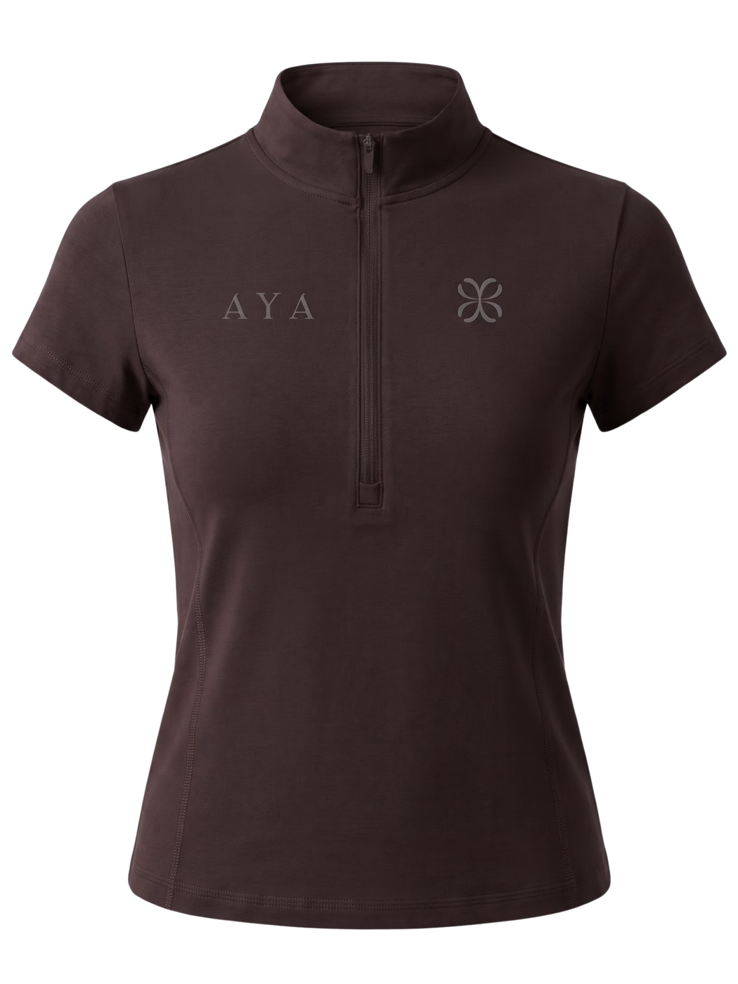 Yoga Quarter-Zip Mock Neck T-Shirt · Marrón Chocolate en color Marrón Chocolate - Vista frontal de estudio | AYA